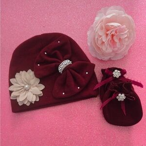 Burgundy Baby Hat and Booties Set with Floral Accents